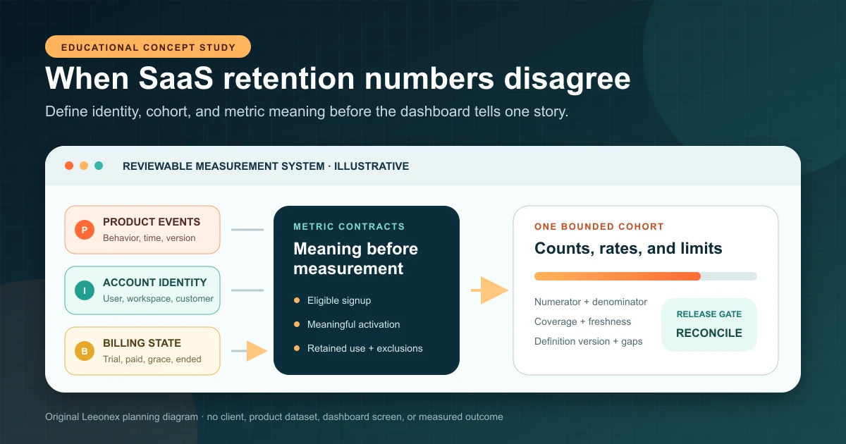 Concept map joining product events, account identity, billing state, and metric contracts into a reviewable SaaS activation and retention dashboard