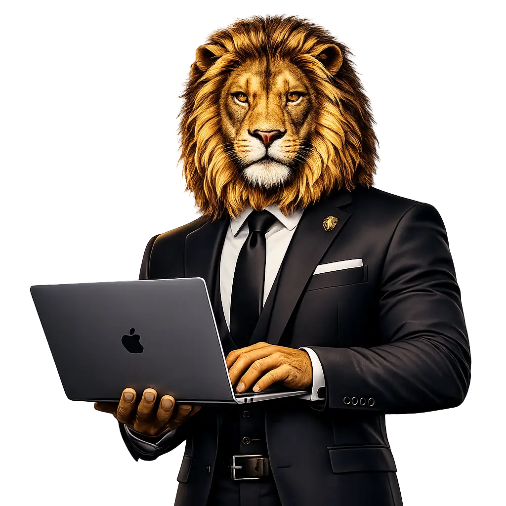 Leeonex mascot — a lion in a business suit working on a laptop